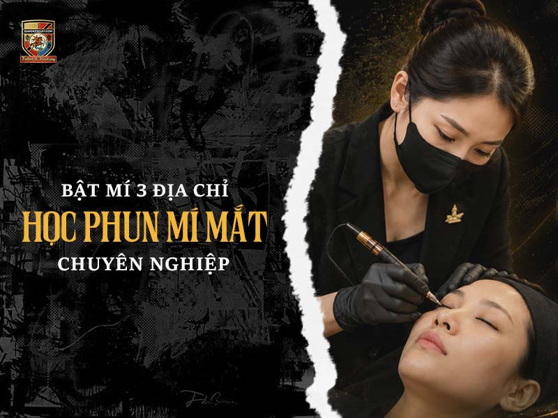 Chuyên viên đang thực hành phun mí mắt cho khách hàng minh họa cho bài viết tổng hợp địa chỉ học phun mí mắt.