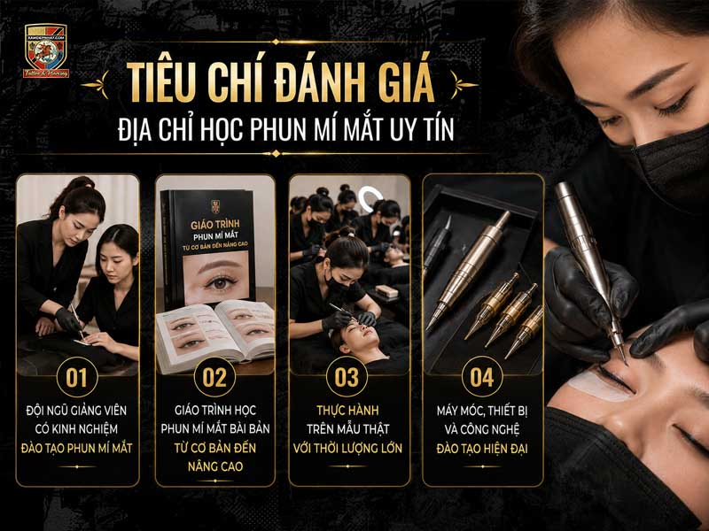 Các tiêu chí đánh giá địa chỉ học phun mí mắt uy tín bao gồm giảng viên giáo trình thực hành và máy móc.