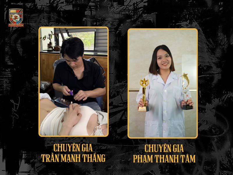 Chuyên gia Trần Mạnh Thắng thực hiện liệu trình và chuyên gia Phạm Thanh Tâm nhận cúp tại địa chỉ làm hồng nhũ hoa uy tín.