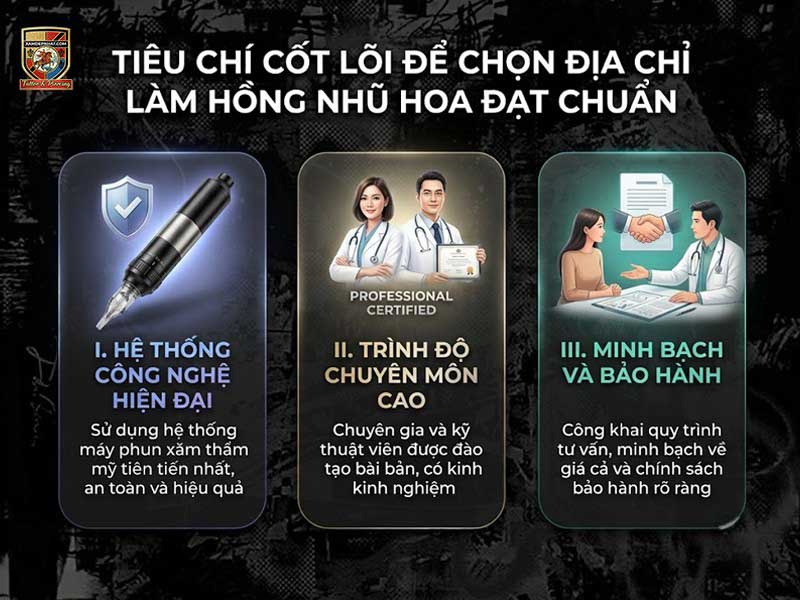 Ba tiêu chí cốt lõi để chọn địa chỉ làm hồng nhũ hoa đạt chuẩn gồm công nghệ hiện đại trình độ chuyên môn cao và chính sách bảo hành.