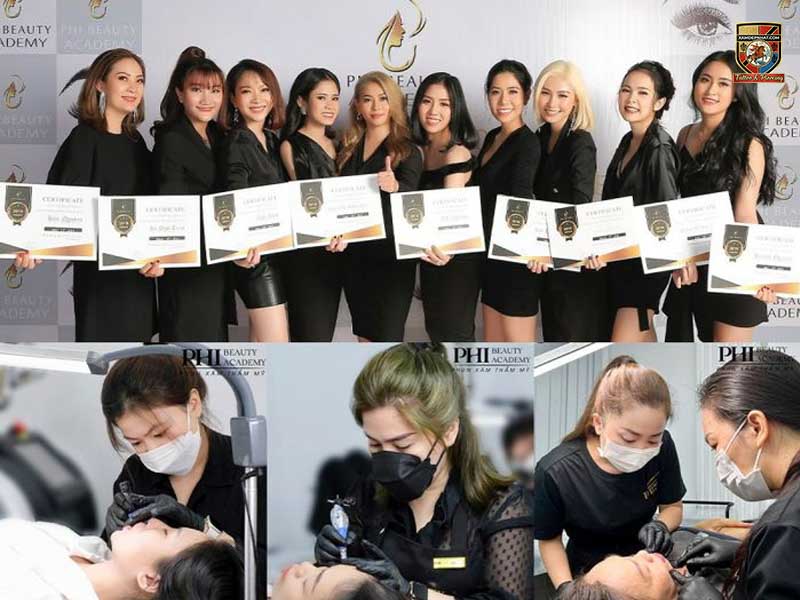 Học viên Phi Beauty Academy mặc trang phục đen sang trọng nhận chứng chỉ tốt nghiệp và hình ảnh thực hành phun xăm thẩm mỹ chuyên nghiệp.