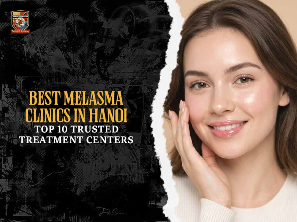 Smiling young woman with clear, glowing skin on a promotional banner listing the best melasma clinics in Hanoi