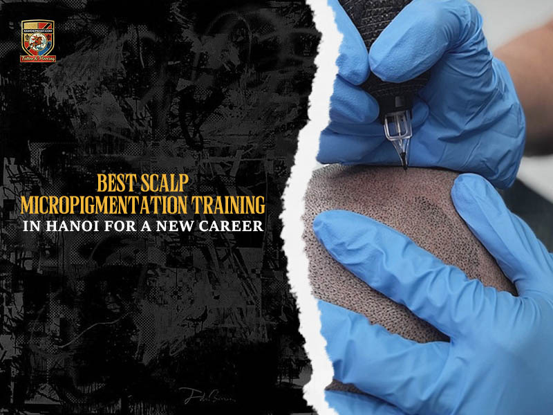 Close-up of an artist in blue medical gloves tattooing realistic hair follicles on a banner promoting the best scalp micropigmentation training Hanoi
