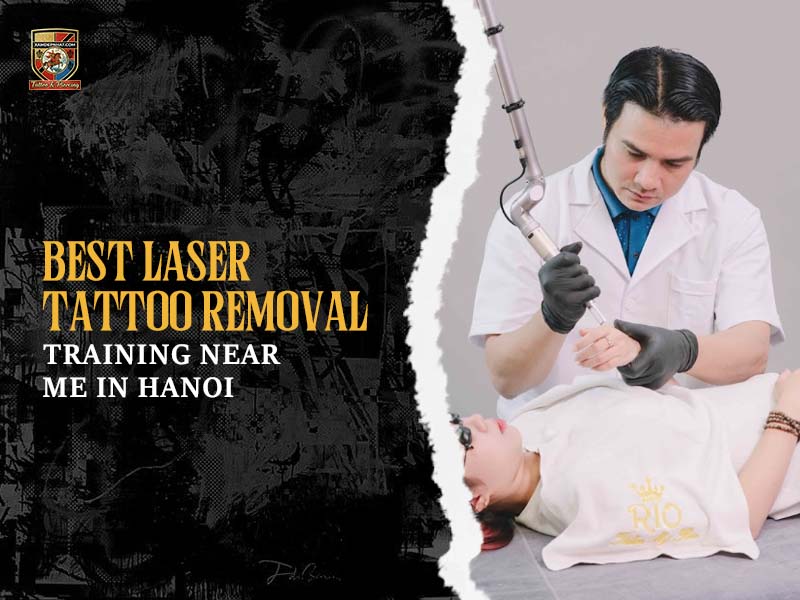 Specialist performing a laser tattoo removal procedure on a client's hand on a training banner