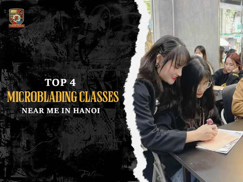 Top 4 microblading classes near me in Hanoi featuring students practicing on synthetic skin.