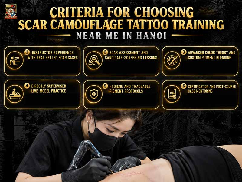 Infographic displaying six essential criteria for scar camouflage tattoo training near me in Hanoi alongside a practical demonstration.