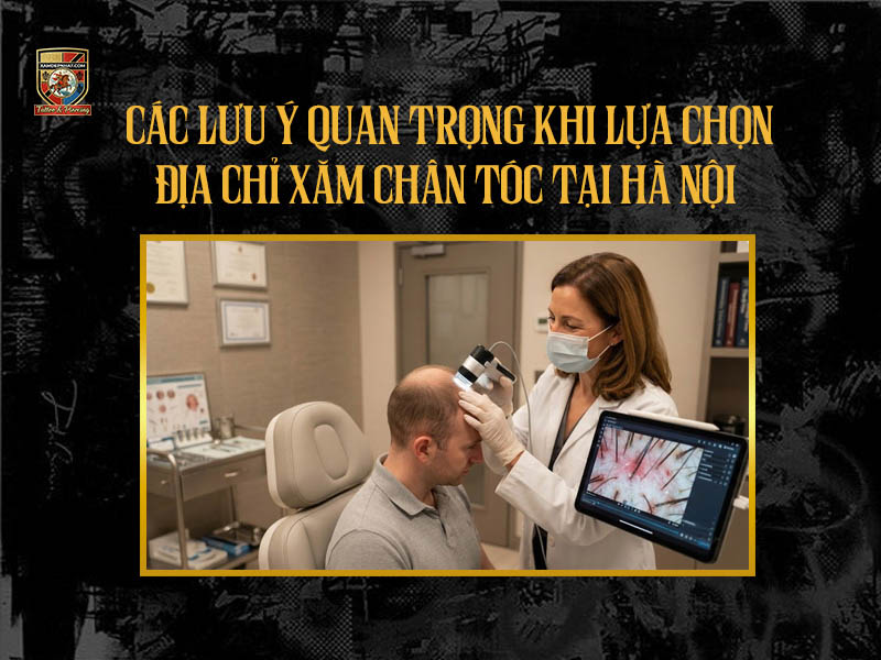 Chuyên gia đang soi nang tóc cho nam giới tại địa chỉ xăm chân tóc uy tín tại Hà Nội.