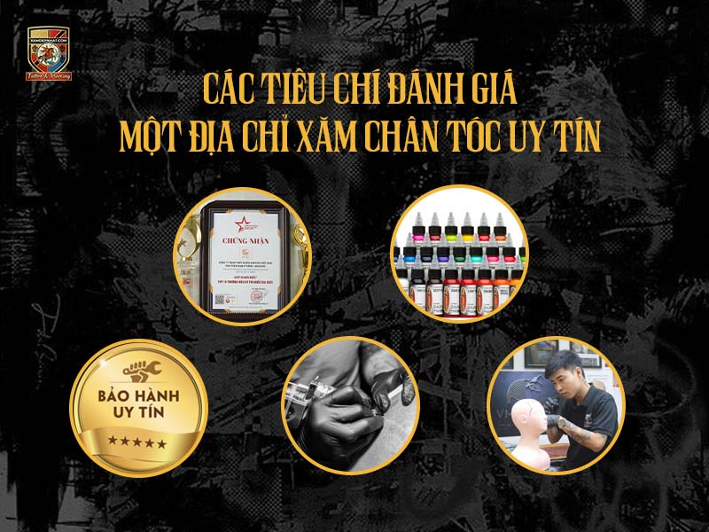 Đồ họa thể hiện các tiêu chí đánh giá một địa chỉ xăm chân tóc uy tín tại Hà Nội.