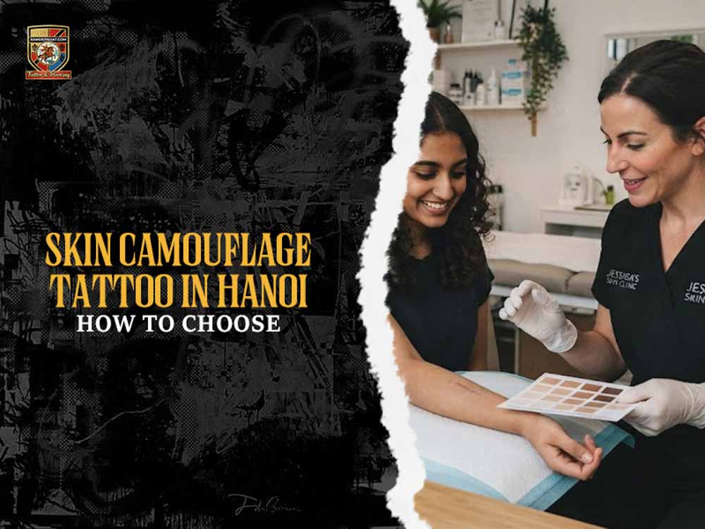 Specialist matching skin tone pigment charts on an arm when choosing a skin camouflage tattoo in Hanoi
